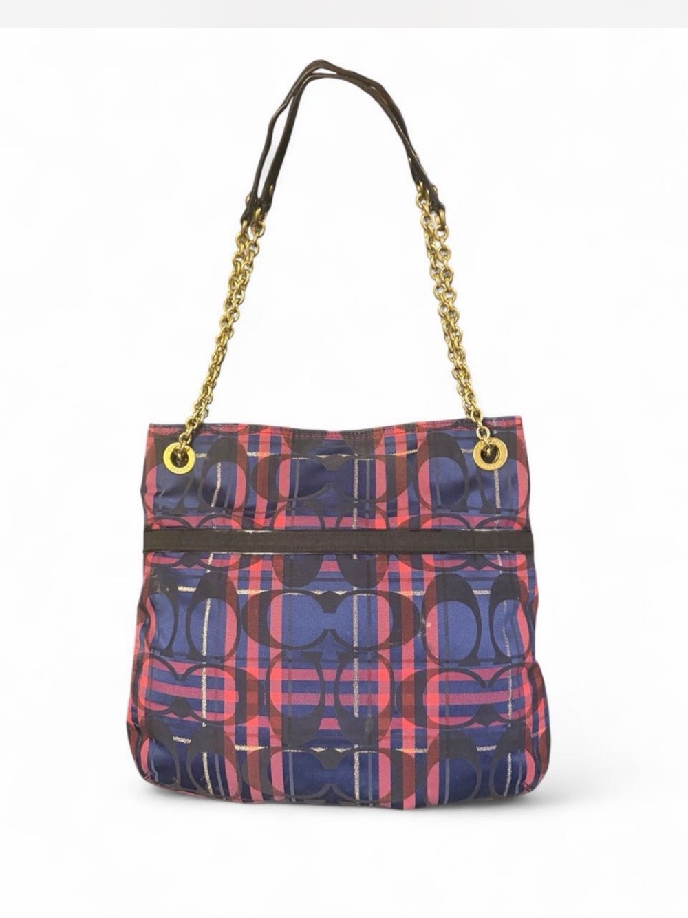 Coach Poppy Tartan Signature C Chain Slim Tote